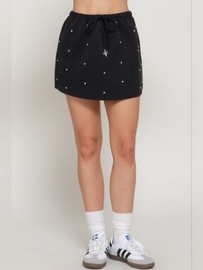 Black Casual Preppy High Waist Rhinestone Embellished Cotton Blend Skater Skirt